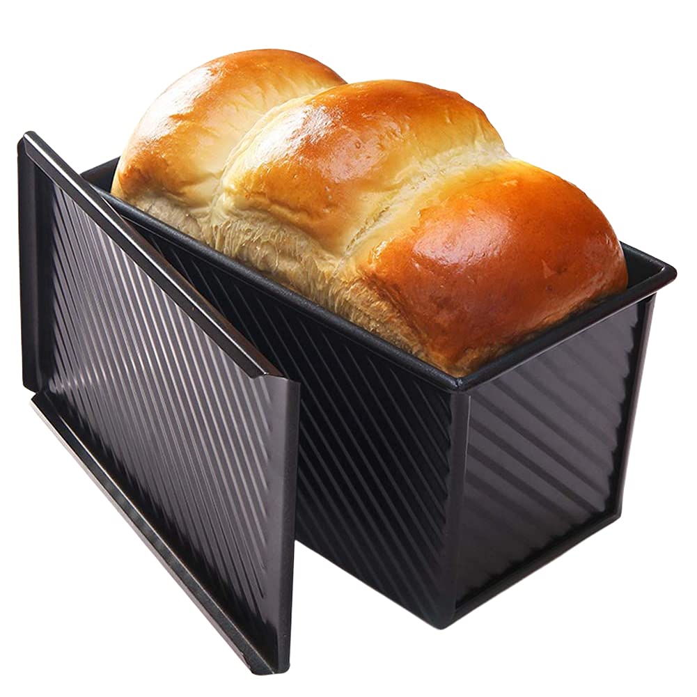 CANDeal Loaf Pan with Cover/Bread Baking Mould Cake Toast/Non-Stick Toast Box with Lid for 450g Dough, Vented Hole for Rapid Baking(Black, Wavy Style)