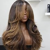 Ombre Brown Layered Cut Wavy Human Hair Wig Caramel Brown Highligths Glueless Wigs 13X4 HD Invisible Lace Front Wig Pre Plucked For Women Brazilian Remy Hair Bleached Knots 180% Density 14Inch