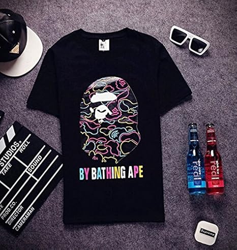 Amazon petシャツエーエイプ半袖 カットソーメンズtシャツメンズ半袖tシャツアメフト丸首夏ウェア 15ss ファッション 黒 E14 M 並行輸入品 Tシャツ カットソー 通販