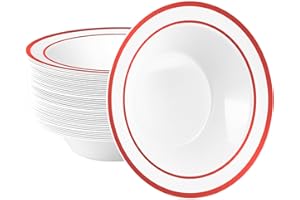 Goodluck 50 Pack Plastic Bowls with Red Rim, 12oz Disposable Soup Bowls, Heavy Duty Dessert Bowls for Weddings, Parties, Christmas Dinners, Catering, Thanksgiving and Everyday Use