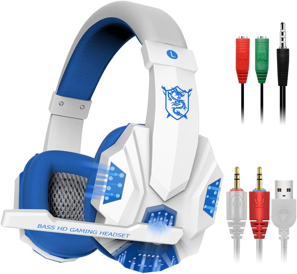 Gaming Headset for Laptop Computer, Cellphone, PS4 and so on, maxin 3.5mm Wired Noise Isolation Gaming Headphones with Mic and LED Light- Volume Control.(White and Blue)