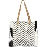 Myra Bag Zebra Print Purse - Canvas Bag for Women with Hairon Leather, Chevron Zig Zag Pattern and Genuine Cow Hide
