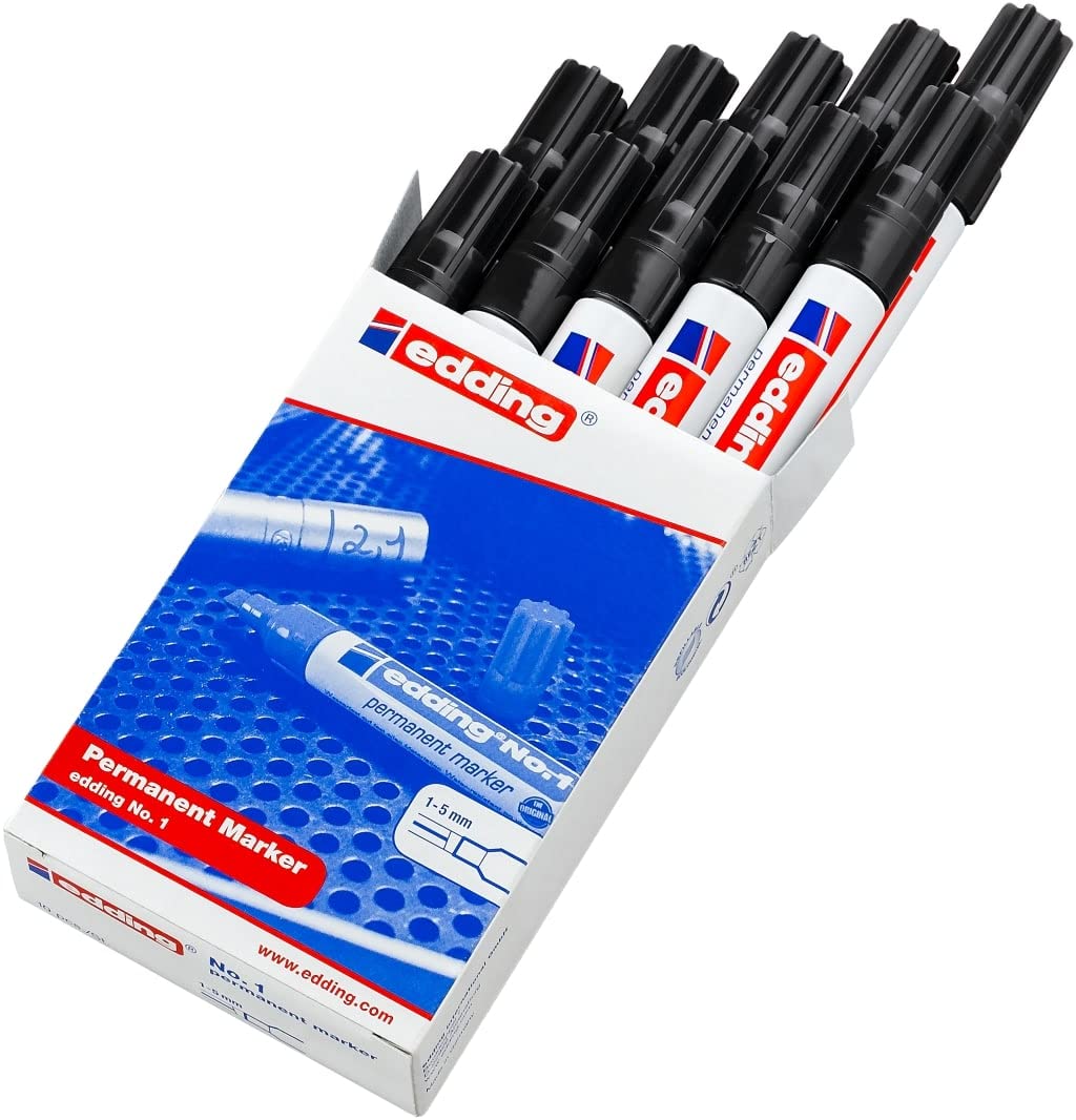 edding No 1 Permanentmarker - schwarz - 10 Stifte - Keilspitze 1-5 mm - wasserfest, wischfest, schnell-trocknend - Multimarker im Taschenformat - für Karton, Kunststoff, Holz, Metall, Glas 2