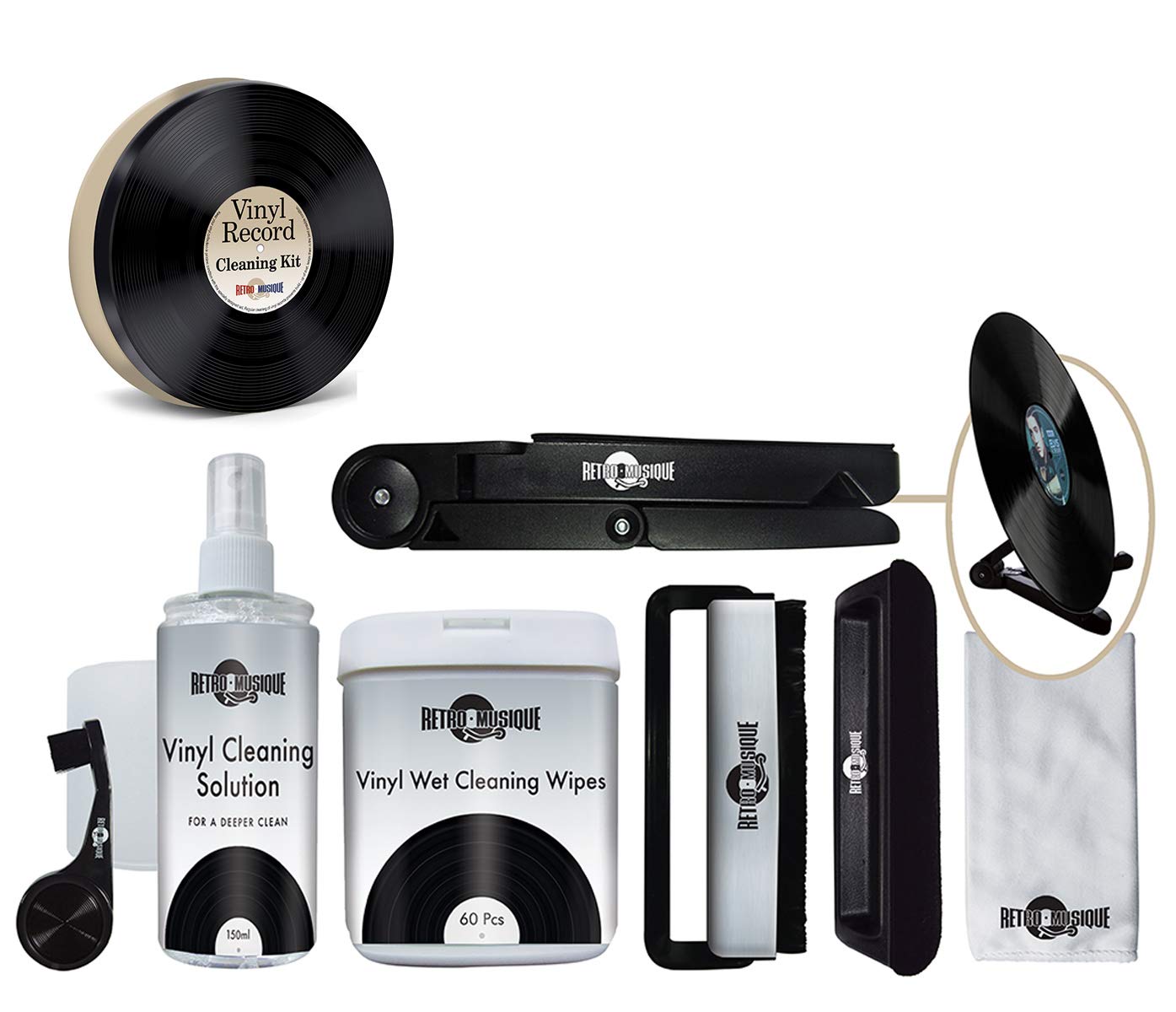 Retro Musique Complete Vinyl Record Cleaning Kit, Housed in a Retro Metal Tin. Includes Everything You Could Possibly need! Carbon Fibre Anti Static Brush, Micro Fibre Brush, Stylus Brush, and more