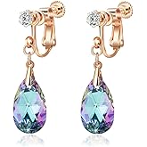 Teardrop Austrian Crystal Drop Clip On Dangle Earrings for Women Non Pierced 14K Rose Gold Plated Hypoallergenic Jewelry