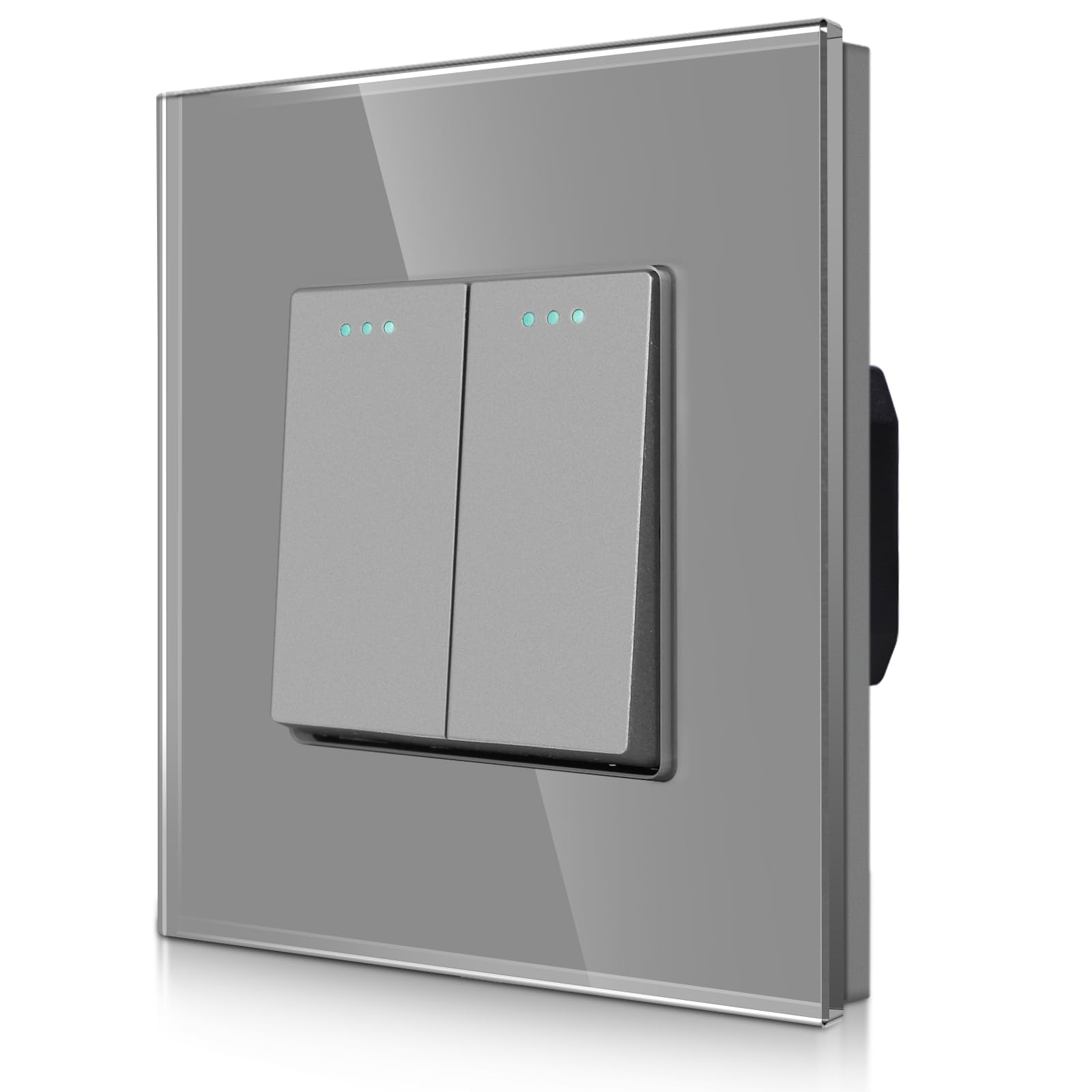 CNBINGO Rocker Button Light Switch 2 Gang 2 Way Glass Light Switch, Modern Tempered Glass Wall Panel with Phosphor Dots, Grey