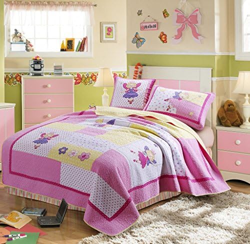 XQL 100% Cotton Girls Princess Castle 2 Piece Set Patchwork Quilted Bedspread - Twin Size