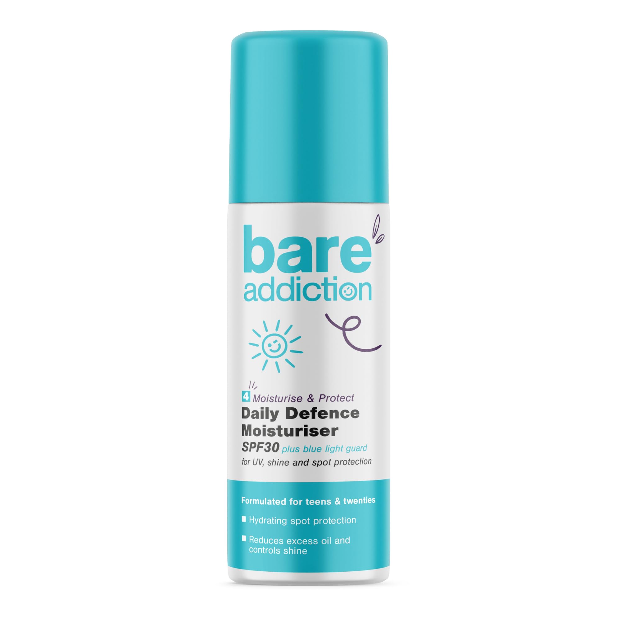 Bare Addiction 50ml Daily Defence Skincare Moisturiser for Spot Protection: Reduces Excess Oils and Controls Shine: SPF30 Sun Protection