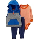 Carter's Baby Boys' 3 Piece Little Vest Set, Hooded Blue/Grey/multi, 24m
