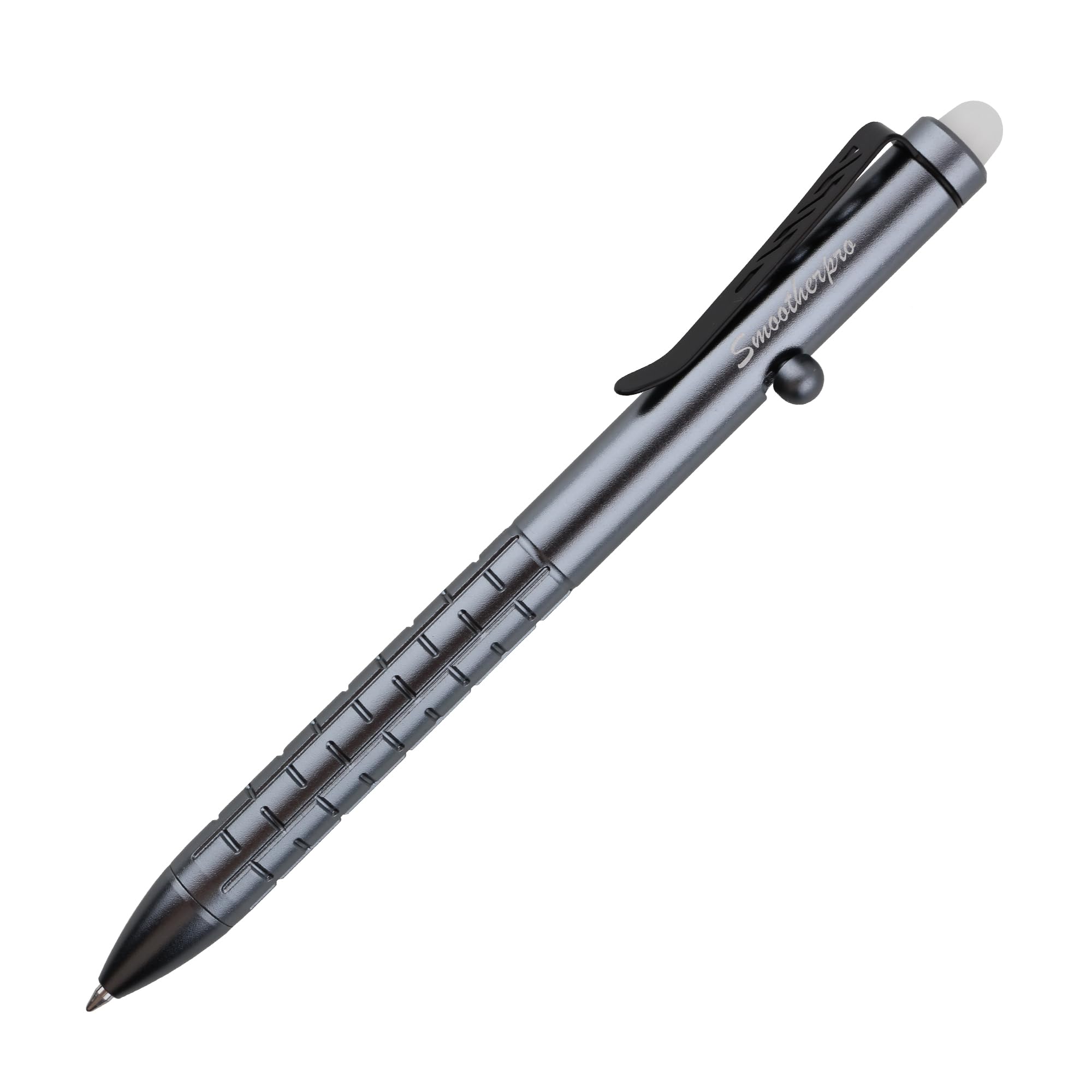 SMOOTHERPRO Erasable Bolt Action Pen | Compatible with Pilot FriXion Refill | Stainless Steel Pocket Clip Refillable Retractable Pen | for Office School Calligraphy Practice (SAF151GR) | Grey