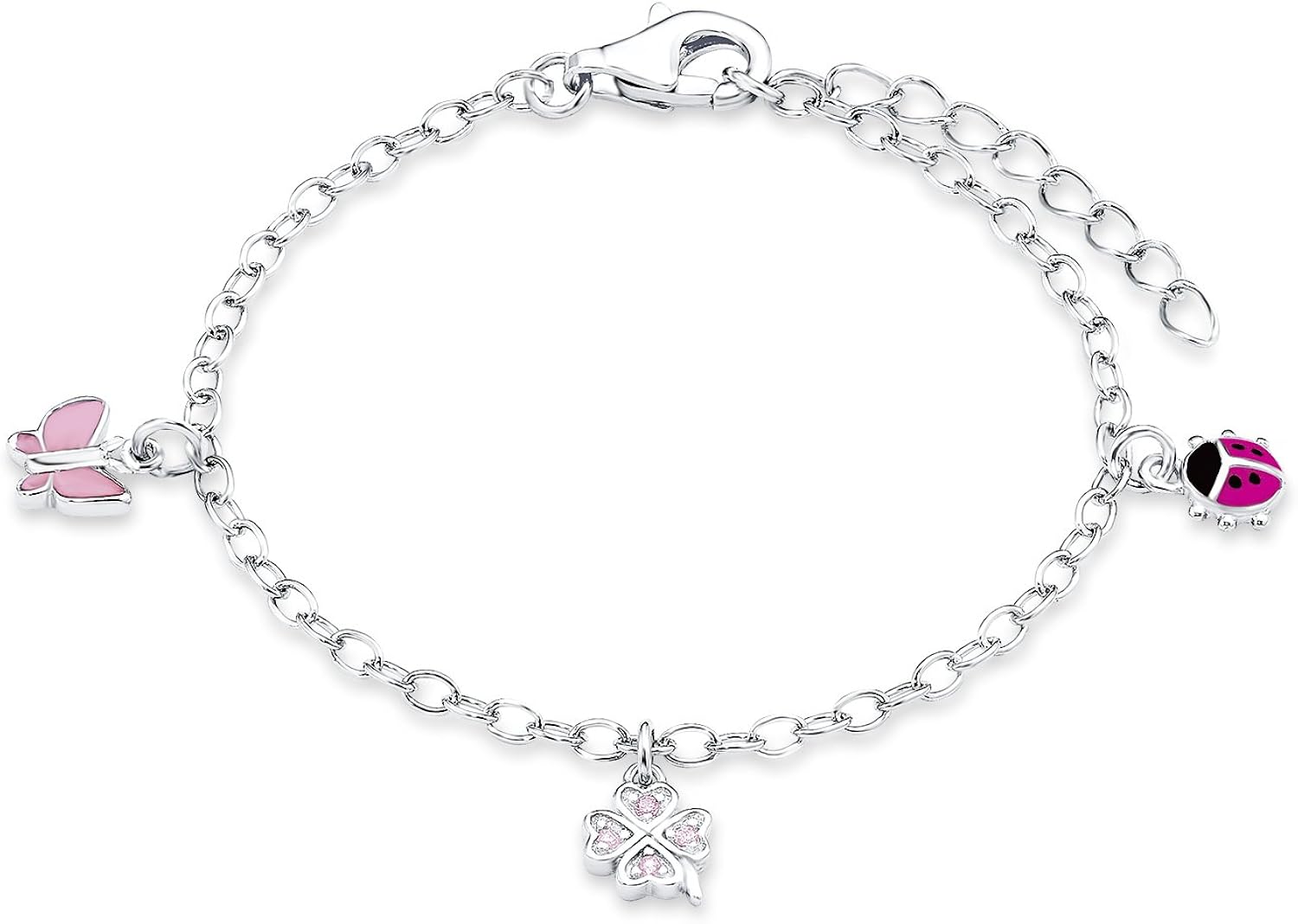 Prinzessin Lillifee Armband mit Marienkäfer, Schmetterling und Kleeblatt Anhänger für Mädchen, Zirkonia / 925 Sterling Silber, Rhodiniert / Emailliert, Länge: 12-14 cm