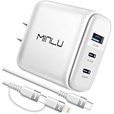 MINLU 65W USB C Charger Block,GaN 3-Port Compact Fast PPS Type C Wall Charger with 6Ft 100W 2 in 1 USB-C/L Cable,Fast Charging for MacBook Pro/Air,iPad,iPhone 17/16/15 and More Series,Galaxy S24 UItra