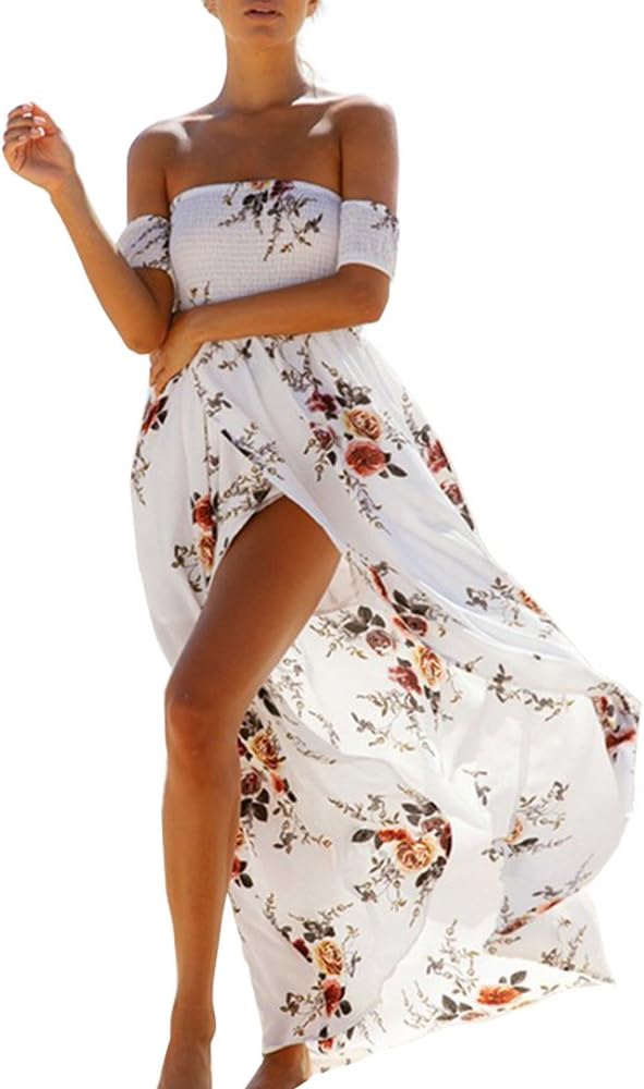GREMMI Women Summer Beach Dress Off the Shoulder Floral Dresses Maxi Chiffon Split Dress Beach Sundress