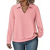 VISLILY Plus Size Tops for Women Cute T-Shirts Dressy Long Sleeve Blouses Fashion Collared V Neck Polo Sweatshirt 2Xl Pink