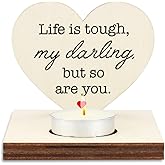 Heart Shaped Wooden Tealight Candle Holder “Life is Tough, My Darling” Inspirational Quote Sympathy Gift, Rustic Wooden Keeps