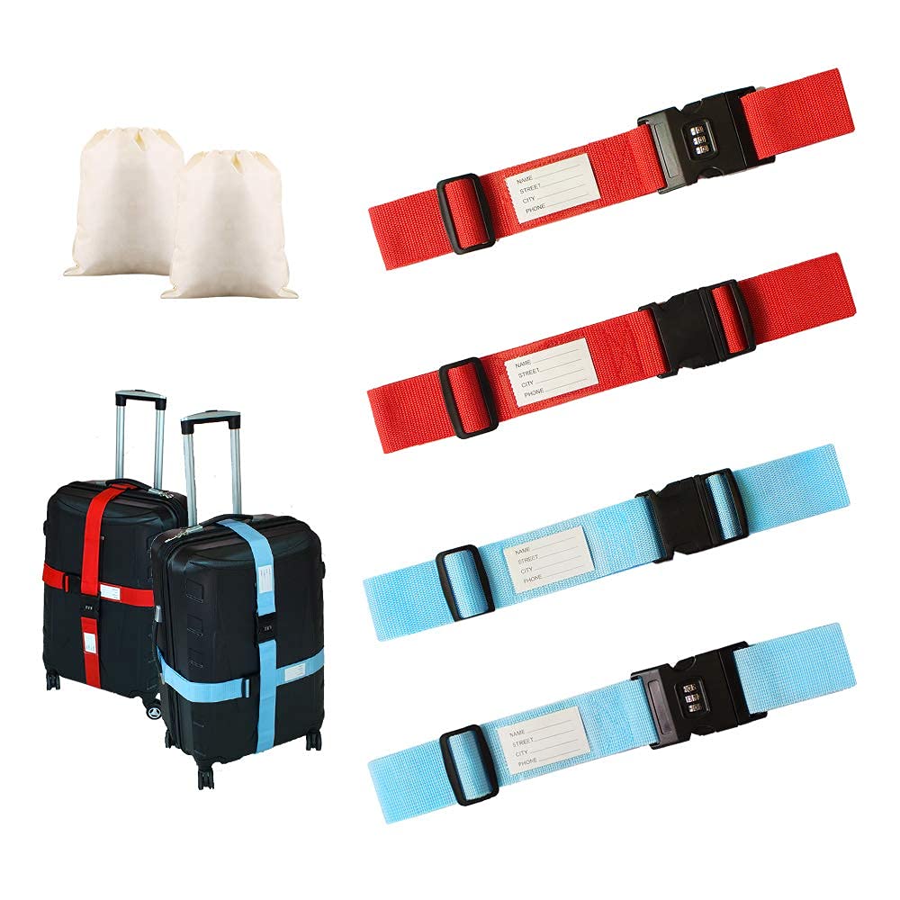 SnailGarden 4 Pack Adjustable Luggage Straps,Heavy Duty Luggage Straps for Suitcases with Password Lock /Name Tag Slot+ 2 Storage Bag for Identifying and Saving Luggage ,2 Color Travel Packing Belt