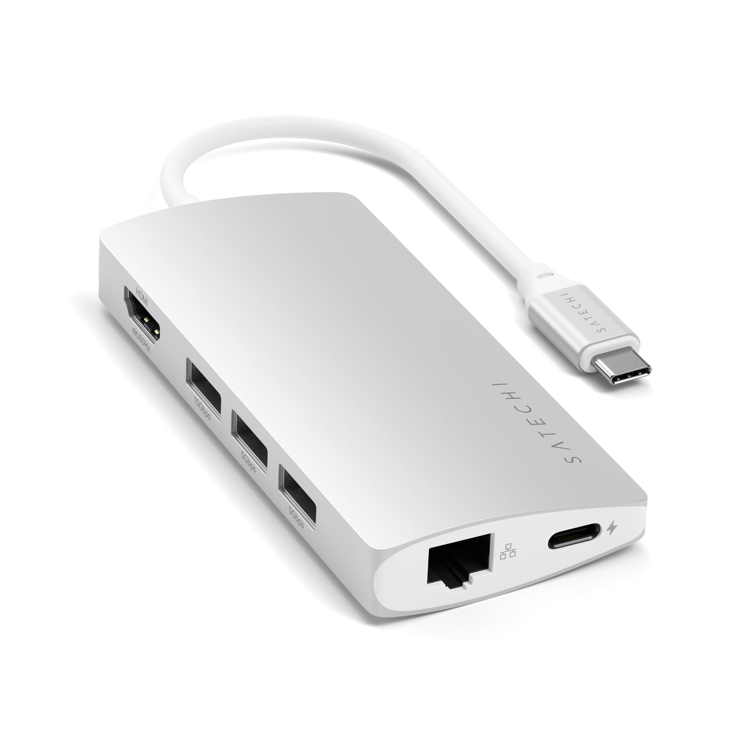 SATECHI 8-in-1 USB-C Hub Multiport Adaptor V2, 4K HDMI, 115W USB-C PD Charging, 3 USB-A, Ethernet, Micro/SD Card Readers, for Laptop, MacBook Air & Pro M5 M4 M3, iPad, iPhone, Windows - Silver