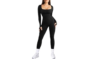 Popilush Jumpsuits for Women Long Sleeve Built-In Bra Square Neck Full Length Leggings Bodycon Stretch Workout Outfits