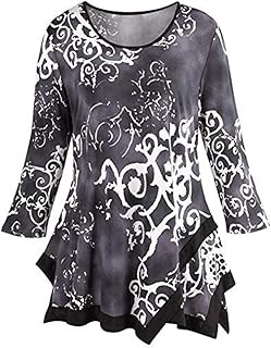 Dorical Damen Plus Size Lange Tops Herbst Winter T-Shirts V-Ausschnitt Langarm Long Tunika Pullover Drucken Asymmetrisch Saum Tops/Festliche Bluse Mode Oberteile Oversized Promo