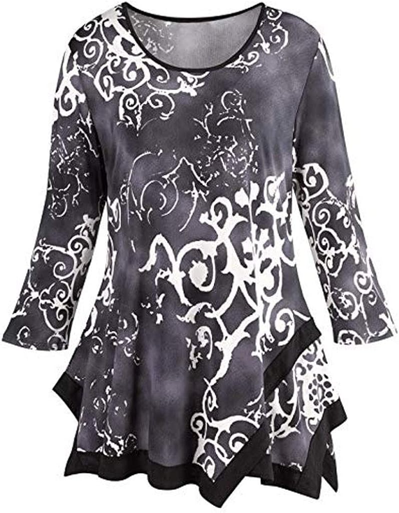 Dorical Damen Plus Size Lange Tops Herbst Winter T-Shirts V-Ausschnitt Langarm Long Tunika Pullover Drucken Asymmetrisch Saum Tops/Festliche Bluse Mode Oberteile Oversized Promo