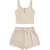 RoseSeek Girl's 2 Piece Outfits Waffle Knit Scoop Neck Button Down Crop Tank Tops Paperbag Waist Track Shorts