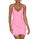 HOCILLE Women's Sexy Bodycon V Neck Sleeveless Spaghetti Strap Mesh Ruched Club Party Mini Short Dress