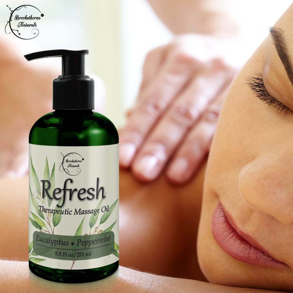 Refresh Massage Oil with Eucalyptus & Peppermint Essential Oils - Great for Massage Therapy. Stress Relief & All Natural Muscle Relaxer. Ideal for Full Body Massage – Nut Free Formula 8.5oz : Beauty