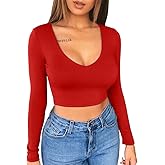 XXTAXN Women's Sexy Bodycon Basic Scoop Neck Long Sleeve Slim Solid Color Crop Top