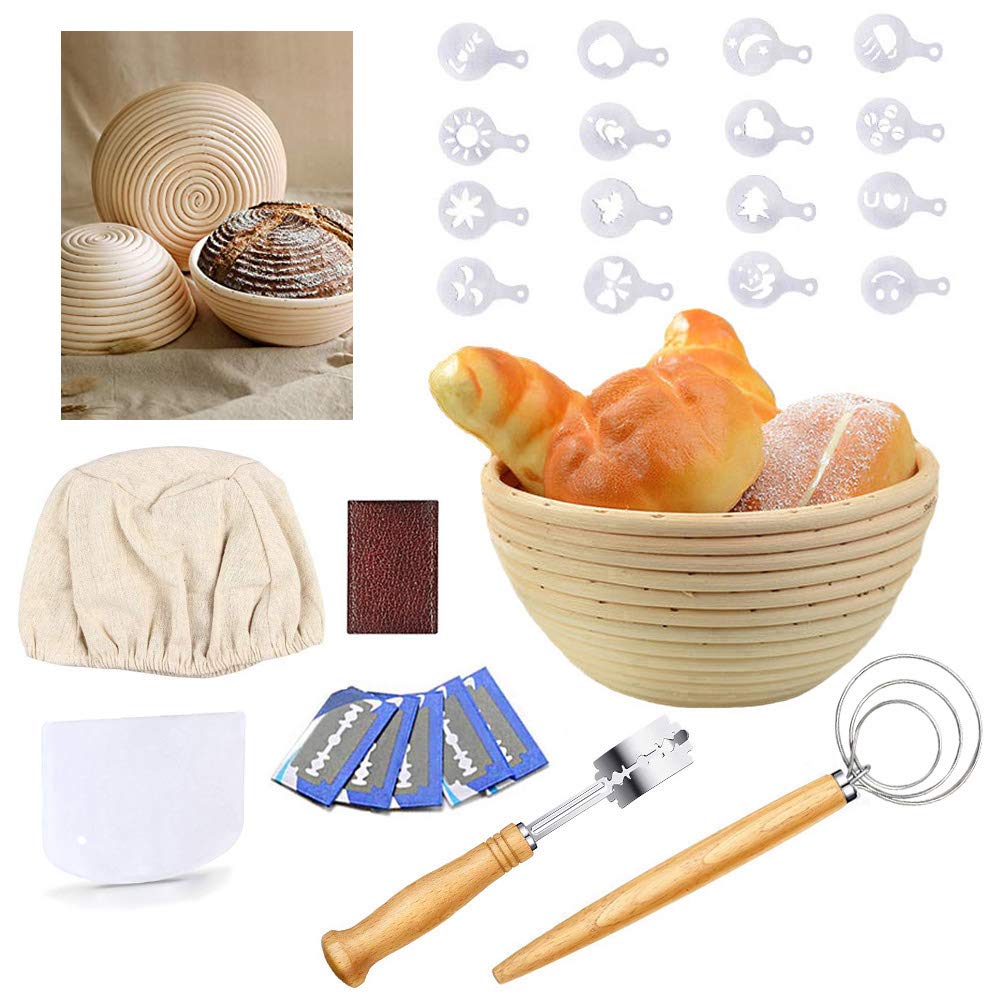 CHUSSTANG Round Bread Proofing Basket, Banneton Brotform Sourdough Proving Basket Natural Rattan Bowl Bread Making Baking Tools with Cloth Liner/Bread Bag/Bread Lame/Whisk/Dough Scraper/Decor Stencils