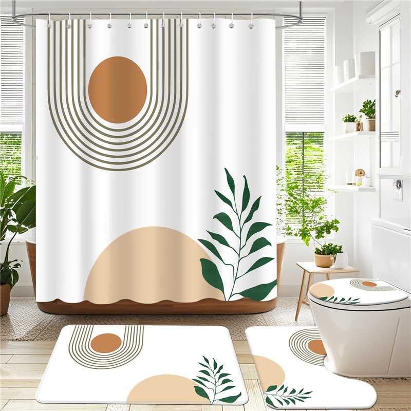 AIBIIN Boho Abstract Shower Curtain Sets 4 Piece Modern Plant Leaves with Non-Slip Rugs Toilet Lid Cover and Bath Mat Bohemian Bath Curtains for Bathroom Decor with 12 Hooks