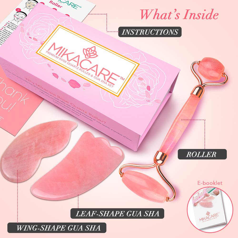 Jade Roller - Rose Quartz Roller and Gua Sha set - Anti Aging Facial Roller - Face Massager - Real Rose Quartz Scraping Tool for Slimming, Firming, Removes Wrinkles : Beauty