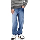 Haloumoning Boys Casual Baggy Denim Pants Kids Elastic Waist Wide Leg Jeans with Pockets 5-14 Years