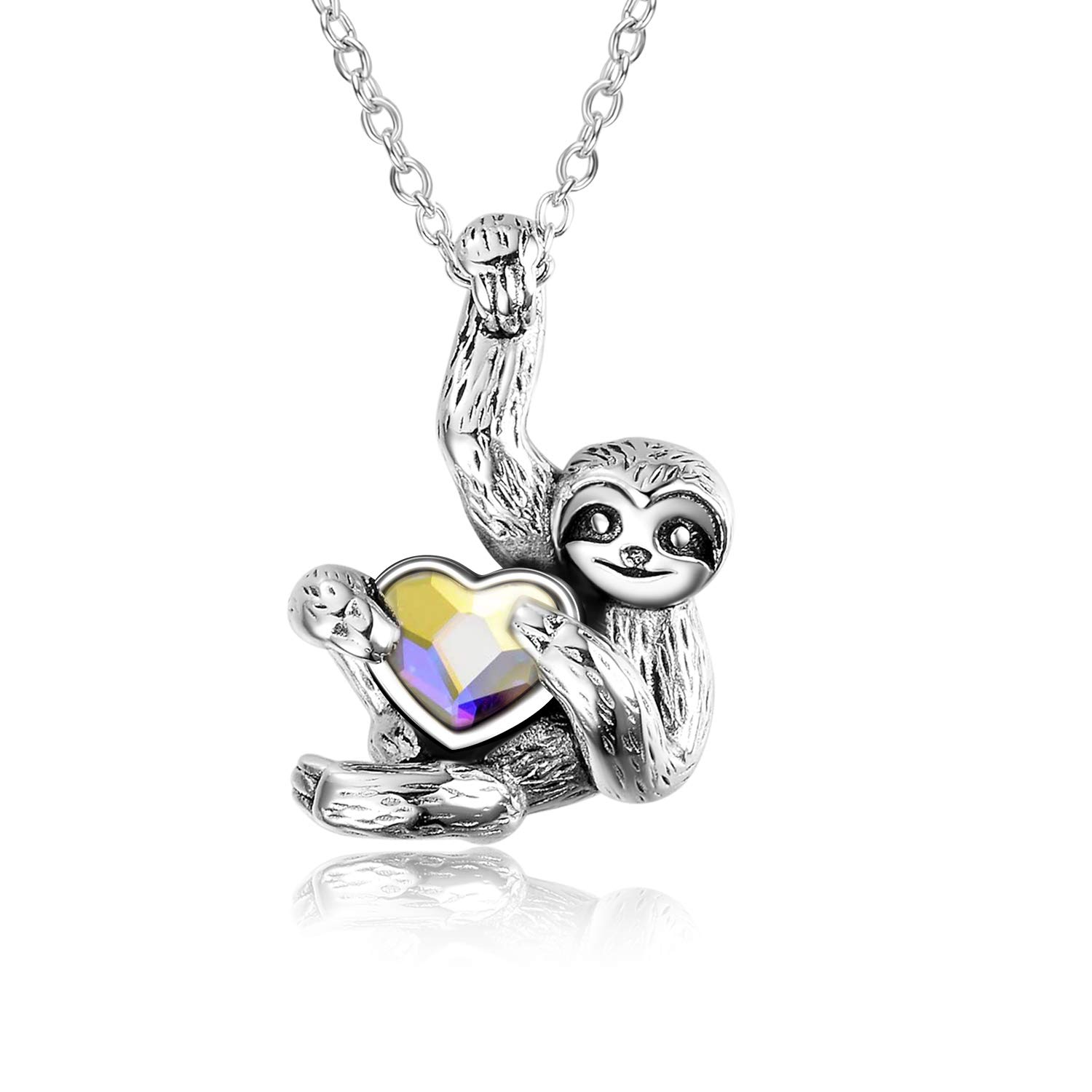 YAFEINI Sloth Sterling Silver Necklace - Animal Sloth Jewellery Heart Crystal Pendant for Women & Men — image 1