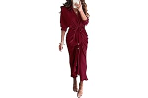 BTFBM Summer Dresses for Women 2025 Long Sleeve Lapel V Neck Button Down Elegant Belted Ruched Satin Shirt Fall Dress