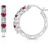 MAX + STONE Real Diamond and Gemstone Hoop Earrings for Women | 925 Sterling Silver Blue Sapphire, Emerald, Amethyst or Ruby, Pink Sapphire Birthstone Earrings (1.2 Cttw, 21MM= 0.83 Inches Diameter)