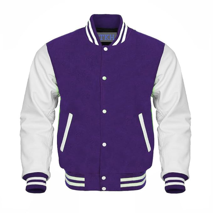 Varsity Genuine White Leather Sleeves Purple Wool Letterman Baseball