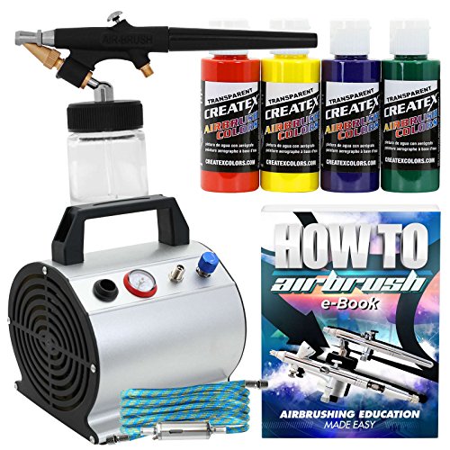 PointZero Multi-Purpose Single-Action Airbrush & Compressor Kit w/ 4 Createx Colors Paints