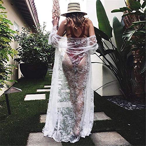 CofeeMO Women's Sheer Lace Maxi Cardigan Beach Cover Ups,Flare Sleeve Airy Sexy Summer Tops Shawls(White,L)