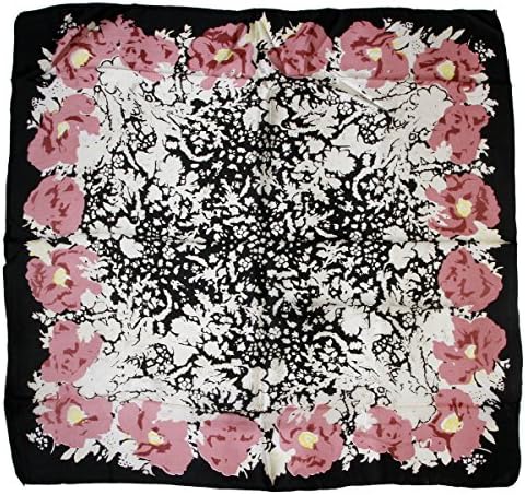 ETSYG 32'' Silk Scarf Women's Black Pink Flower Pattern Large Square Satin Headscarf Headdress