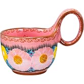 silesia 16 OZ Polish Style Hand Painted Ceramic Soup Mug Bowl, Glazed Pink | Loop Handle, Microwave &amp; Dishwasher Safe,Cereal Cup for Milk, Oatmeal, Cocoa, Ice cream,Fruits ,Snack, Stew and Salsa