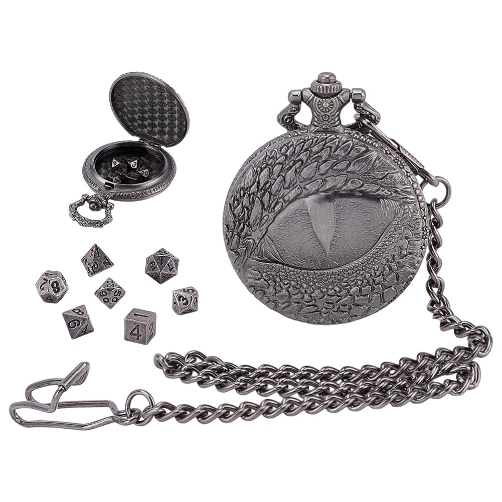 PH PandaHall DND Dice Set, Eyes Watch Case 7pcs Mini Metal Dice with Pocket Watch Chain for Dungeons and Dragons, Role Playing Board Games Accessories, Gift, Gunmetal