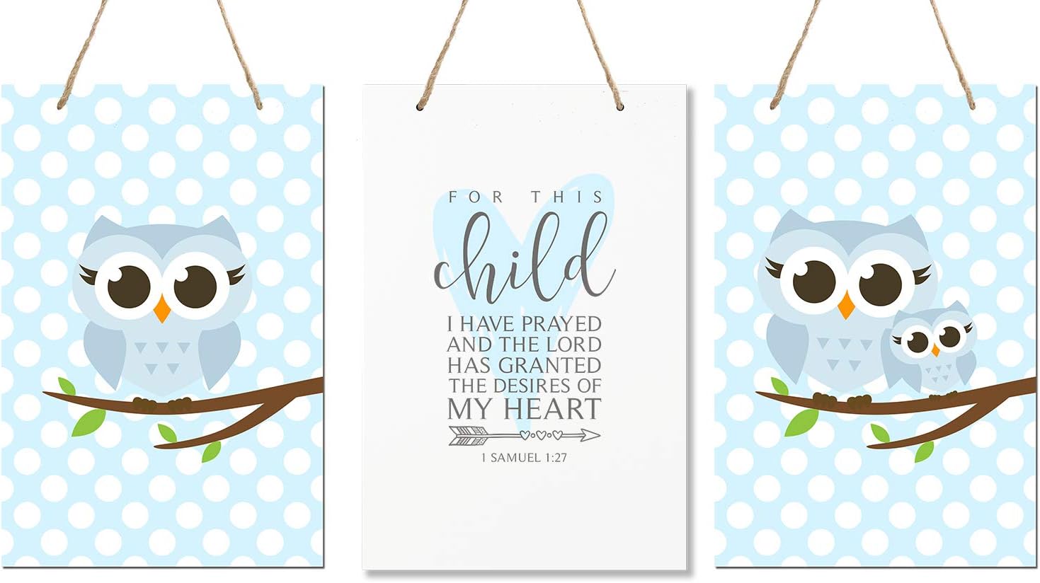 LifeSong Milestones for This Child I Have Prayed 3pc Owl Wall Decor Decorations Hanging Signs for Kids, Bedroom, Nursery, Baby Boys and Girls Room Size 8” x 12” 3pc Set (Blue)