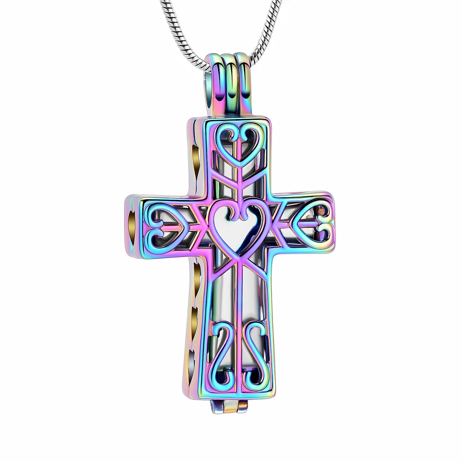 QGJNSGC Cremation Urn Memorial Pendant Necklace Heart Cross Cylindrical with Hollow Jewelry Ashes Keepsake Memorial Urn Jewelry Necklace (Rainbow)