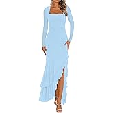 BORIFLORS Women's Bodycon Ruched Mesh Long Sleeve Maxi Dress Mermaid Ruffle Formal Cocktail Party Long Dresses