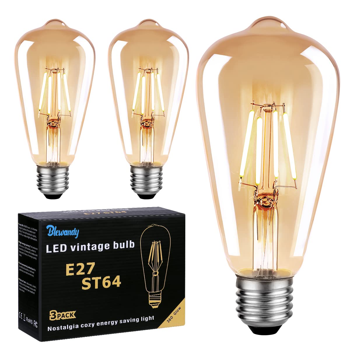 Edison Light Bulb, 4W LED Vintage Bulbs E27, Retro LED Filament Bulb Amber Glass Edison Screw Lamp ST64, 400LM 2700K Warm White - 3 Pack