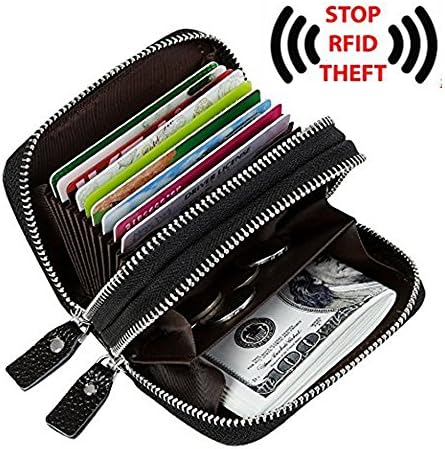 RFID Blocking Genuine Leather Zipper Credit Card Case Wallet for Women with Small Cion Purse (Black)