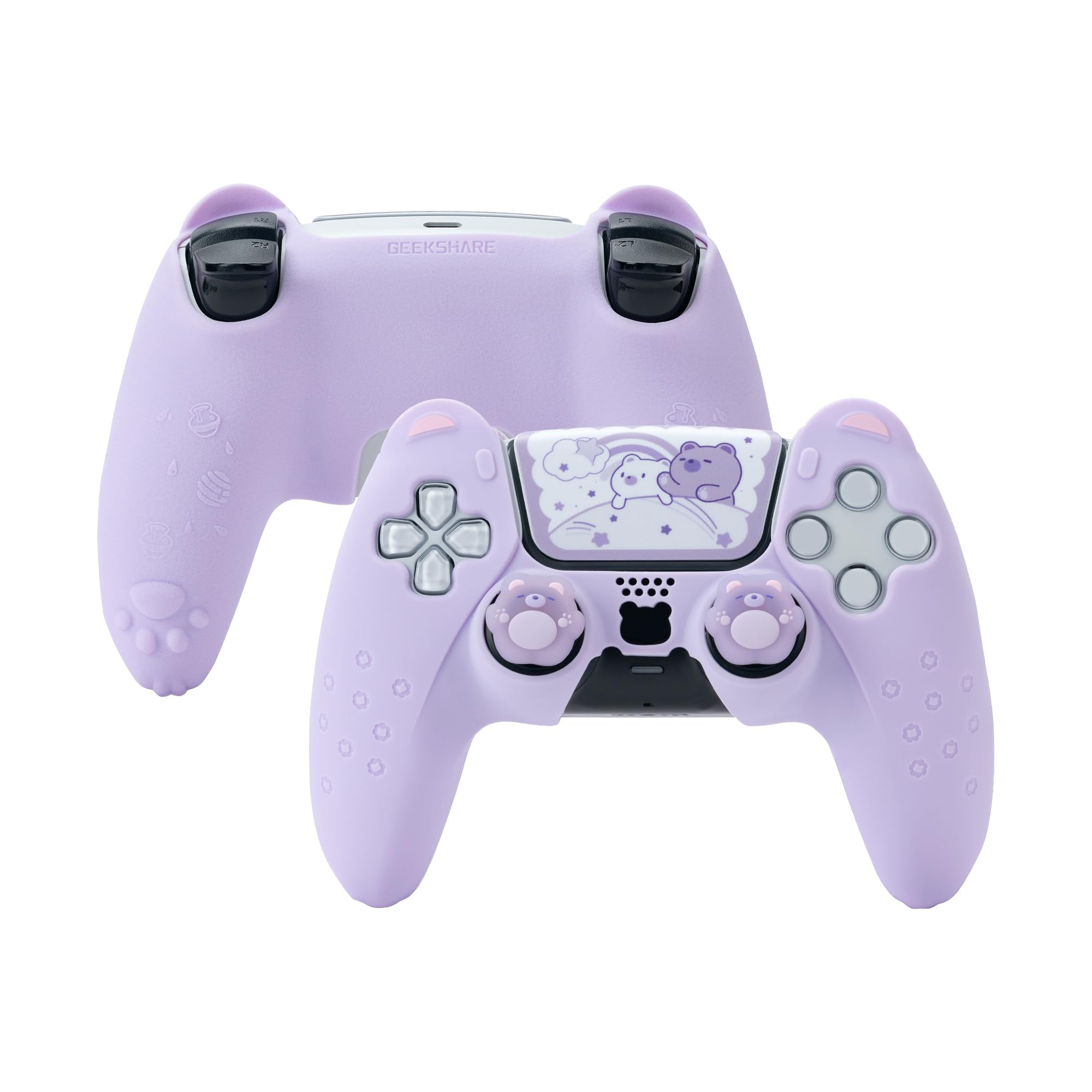 GeekShare Cute Bear PS5 Controller Skin Set,Soft Anti-Slip Silicone Protective Cover Skin Case for PS5 Wireless Controller with 2 Thumb Grip Caps and 1 Sticker -- Purple