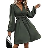 Floerns Women's Elegant Lantern Long Sleeve Deep V Neck Fall Dress Work Office Twist Front Prom Formal A Line Short Dresses