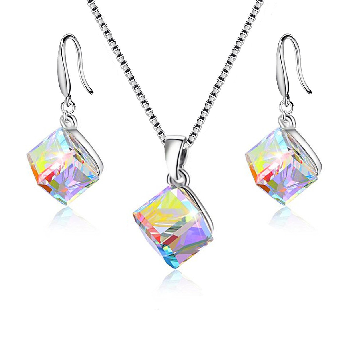 Uloveido Girl's Square Cube Austrian Crystal Hook Earrings and Necklace Sets for Women - 925 Sterling Silver Wedding Engagement Jewelry Sets Rainbow Color Y418