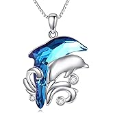 LUHE Dolphin Necklace Sterling Silver Dolphin Aquamarine Crystal Pendant Necklace Larimar Necklace Jewelry Gifts for Women